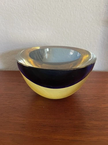 Cenedese Cobalt Blue and Yellow Sommerso Geode Murano Glass Bowl