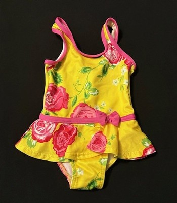 Penelope Mack 12 month swimsuit, bright yellow with pink and red roses