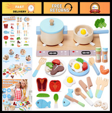Wooden Play Kitchen Accessories Set - Cooking Utensils, Pots, Pans Cutting Foo