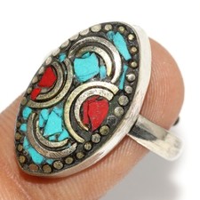 Nepali Tribal Tibetan Turquoise Red Coral Jewellery Ring Us FreeSize JW