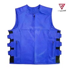 Mens SWAT Style Blue Leather Motorcycle Vest   Tactical Biker Vest, Black Lining