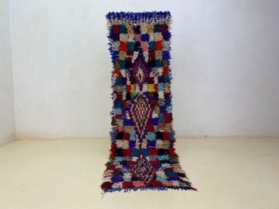 Hand knotted Rug Vintage Moroccan 2'4x7'8 Tribal Unique Berber Cotton Hallway