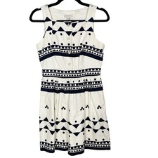 J Crew 0 Ivory Black Button Front Linen Cotton Dress Fit and Flare Geometric