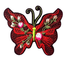 Red Embroidered Butterfly iron on Patch 3 5/8 x 3 inch