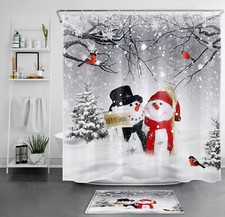 Christmas Cute Snowman Winter Snow Scene Shower Curtain Set for Bathroom Decor