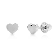 14K Real White Gold 4mm Small Heart Shape Screw back Stud Earrings