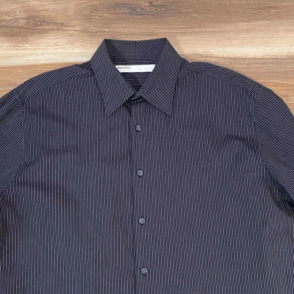 Vintage Perry Ellis Shirt Mens Large Y2K Striped French Cuffs Cotton Long Sleeve - Image 3 of 4