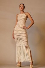 Crochet Halter Cover-Up Maxi Dress with Fringe Hem - EB Luxe