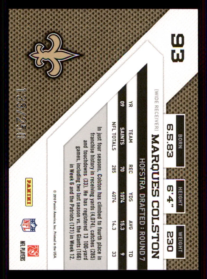 2010 Panini Threads Silver Holofoil #93 Marques Colston /250 - Image 2 of 2