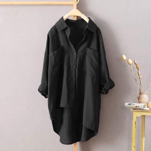 Womens Cotton Linen Button T Shirt Asymmetry Blouse Long Sleeve Tops Tee Shirts - Picture 13 of 23