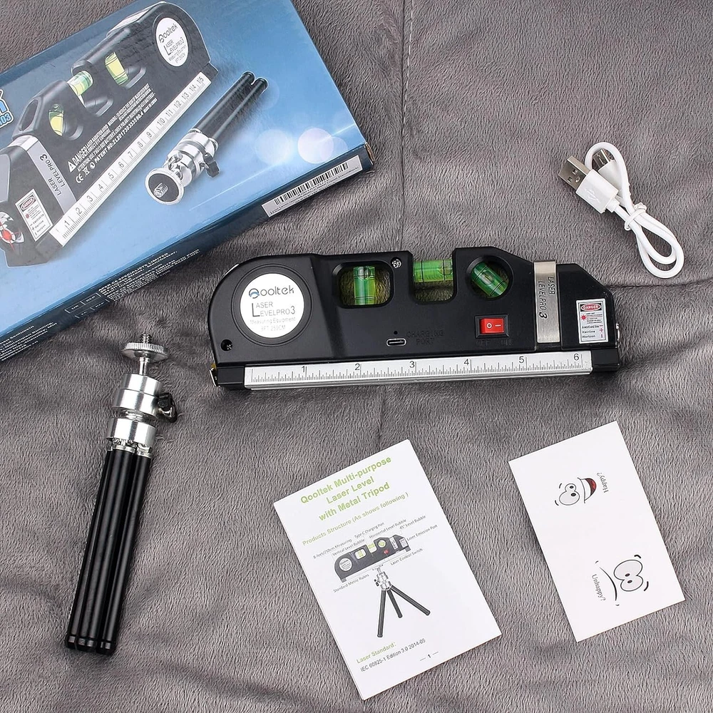 Adjustable Laser Level Line Tool with Metal Tripod Stand & 8-Foot Measuring Tape