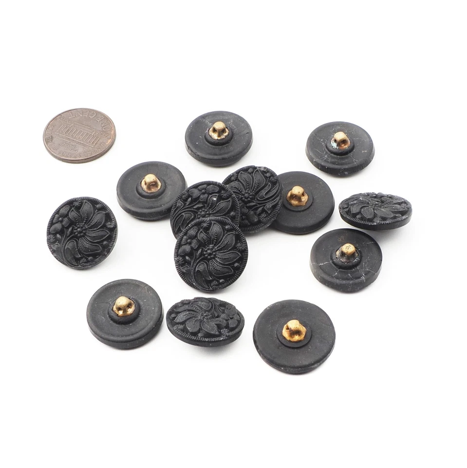Lot (12) Czech vintage matte black flower glass buttons 18mm - Image 2 of 2