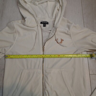 True Religion White / Cream Velvet Velour Full Zip Hoodie Medium