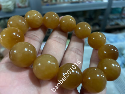 Certified 18mm Grade A Natural Brown Yellow HeTian Jade Round Bead Bracelet 7.5''