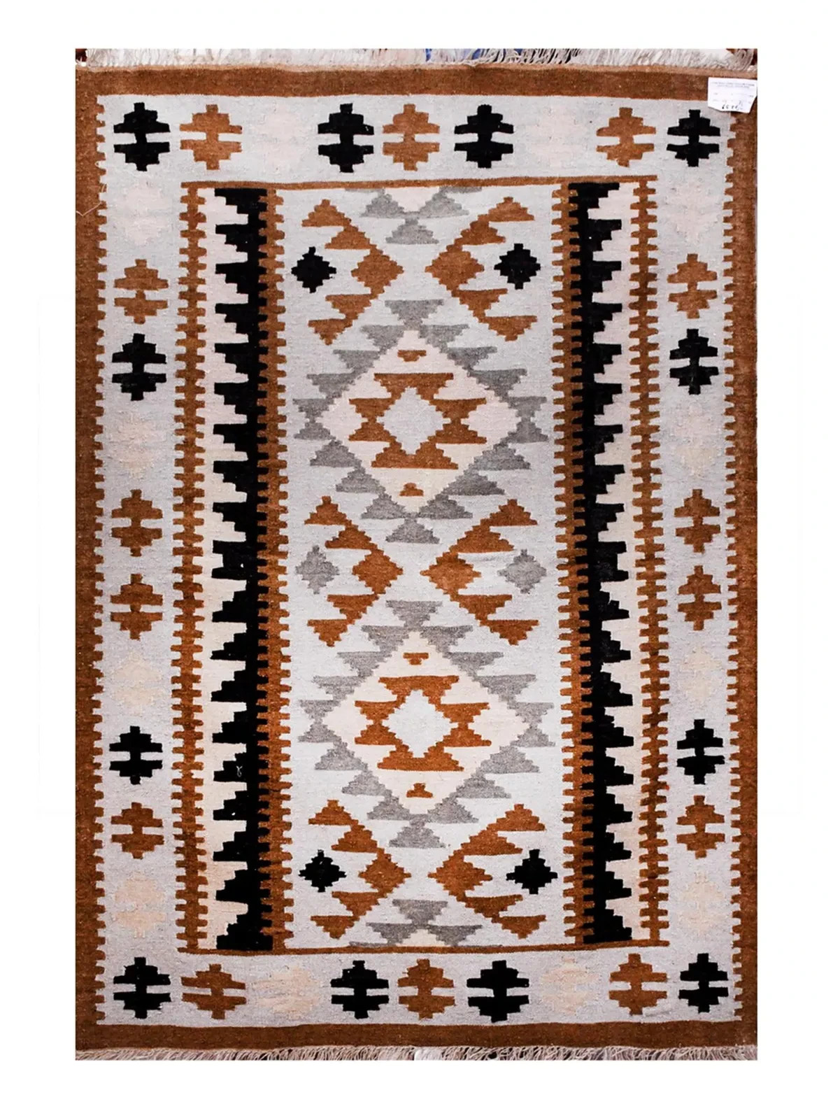 Handwoven Cotton Wool Dhurrie Rug Color Beige, Brown and Black Design Carpet Rug