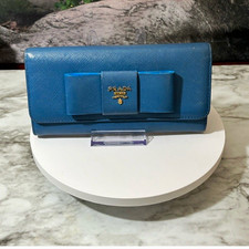 Prada Saffiano Fiocco Ribbon Women's Saffiano Long Wallet bi-fold in Bluette.