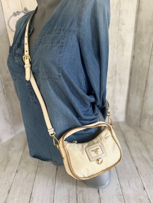 PRADA MINI ORO Tessuto NYLON Gold Saffiano Leather Y2K Shoulder Hobo Authentic!