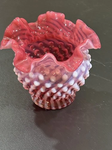 Vintage FENTON Cranberry OPALESCENT Hobnail RUFFLED Art Glass Vase
