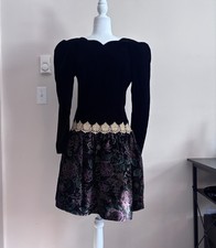 Vintage 80s Scott McClintock 10 Party Cocktail Prom Dress Black Velvet Floral