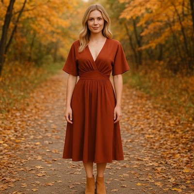 NWOT eShakti Fit & Flare Midi Dress Rust Color Fall Holiday Season Cozy M/10