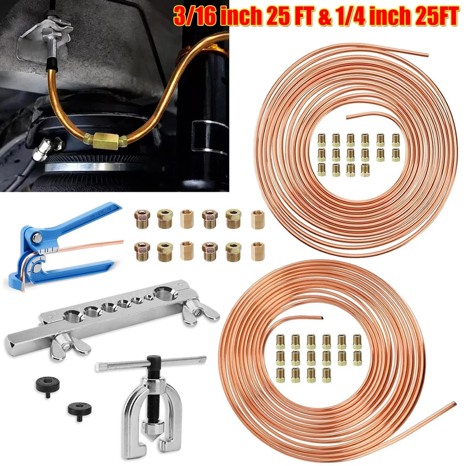 New 25ft 3/16 + 1/4 Copper Coated Brake Line & Double & Single Flaring Tool Kit Foto 3 de 4