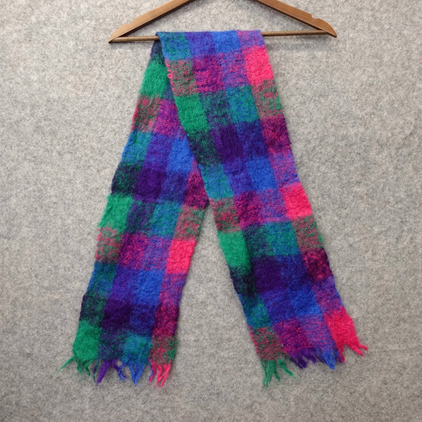 Vintage Mohair Block Plaid Scarf Pink Blue Green Retro Fringe Fuzzy Light 7x52