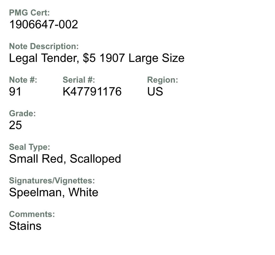 25 PMG 5 Dollars 1907 United States Banknote Large Size Small Red Scalloped # 91 - Image 3 of 4