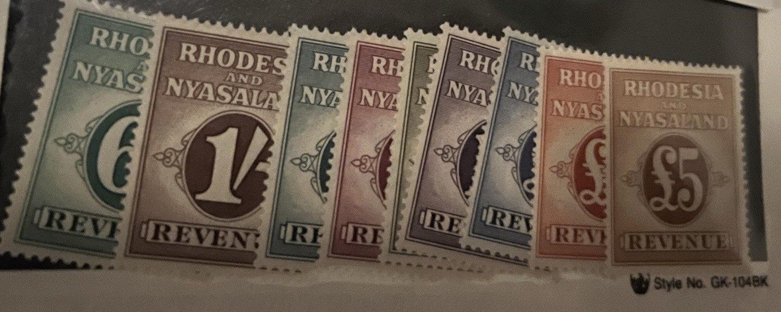 Rhodesia & Nyasaland revenue stamps, Barefoot 1-9 complete.   MNG  Cat £272