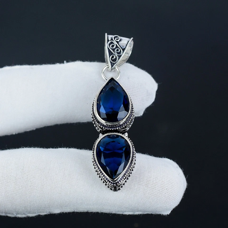 Zaffiro Blu Gemma a Mano 925 Pendente Argento Sterling Per Anniversario Regalo - Immagine 2 di 4