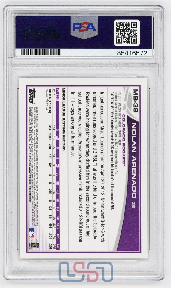 Nolan Arenado Cardinals Signed 2013 Topps Chrome RC #MB-39 PSA/DNA GEM MT 10 - Image 2 of 2