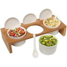 Ceramic Condiment Dip Sauce Ramekins Set w/Lids & Spoons on Bamboo Serving Tray