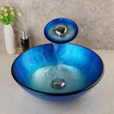 Blue Bathroom Glass Vessel Sink 17" Round Basin Bowl Combos Faucet And Drain Set