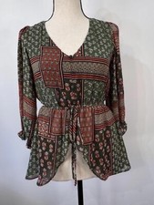 Boho Chic Women's Dress Romper Green Printed Blouse with Belted Waist Size S