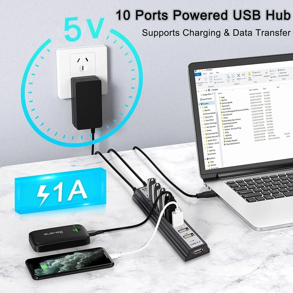 VIENON 10-Port USB 2.0 Hub with Power Adapter for Extra Connectivity