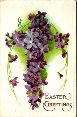 Easter Greetings Floral Cross Embossed DB Postcard E3