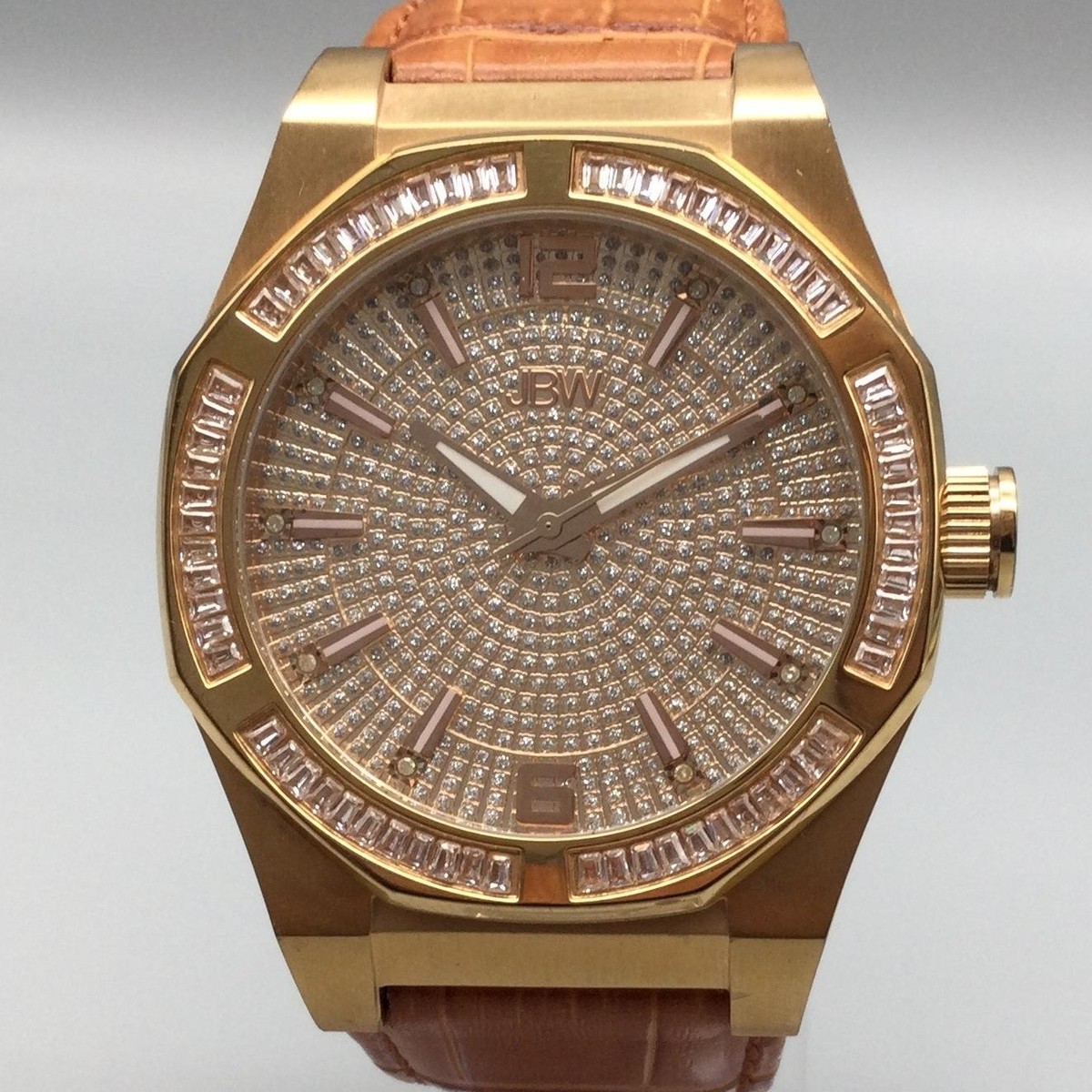 JBW Mens Watch 44mm Gold Tone Crystals Brown Leather Band  display picture 1