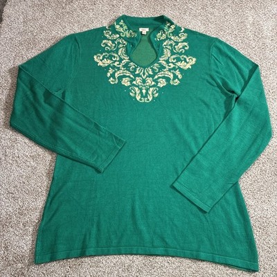 Reba Green Lighweight Knit Sweater Embellished Neckline Women s L