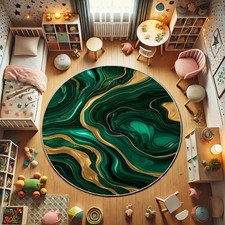 100 100cm Round Green  Golden Marble Print Area Mat - Machine Washable, Non-Sli