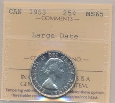 Canada Elizabeth II 25 Cents 1953 Large Date - ICCS MS65