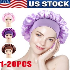 NEW Women Satin Bonnet Night Sleep Cap Hair Hat Silk Head Cover Wide Elastic Lot