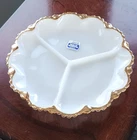 Anchor Hocking Milk White Glass 3 Divided Serving Plate Gold Trim Never Used