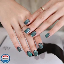 evpct Blue Green Cat Eye Extra Short Press on Nails Square, Petite Short Squa
