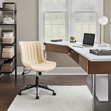 Beige Home Office Desk Chair with Wheels Swivel Comfy Armless Vanity Chair with 