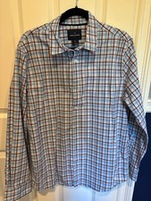 daniel hechter button down dress shirt with brown and blue checkered pattern, L