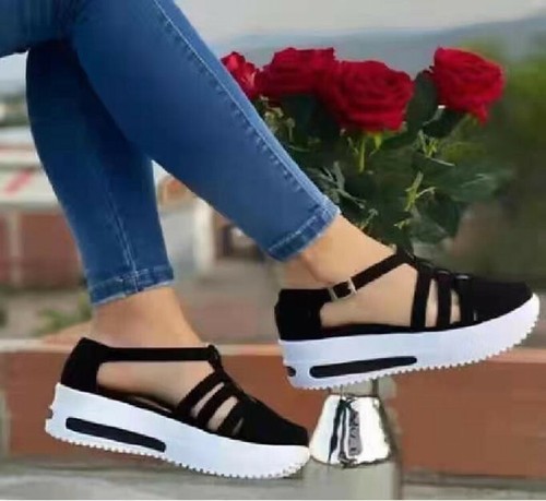 Sandalias de tacón de cuña para mujer plataforma tobillo cinta redonda hebilla cerrada verano - Imagen 8 de 9