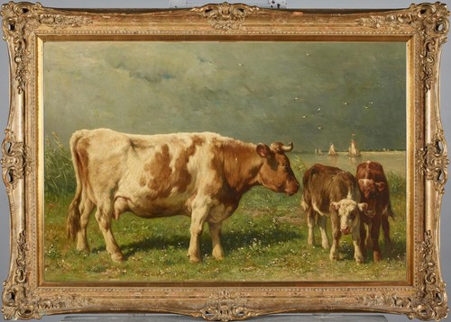 Handmade Old Master-Art Antique Oil Painting Animal Portrait cows on canvas