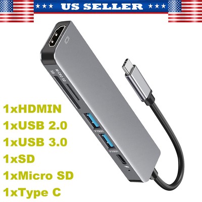 6 in 1 USB-C Type C HD Output 4K HDMI USB 2.0 3.0 Adapter SD TF HUB MacBook Pro