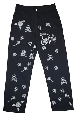 Romwe X Corpse Bride Jeans Black Goth Skulls Print 32x30 Straight Leg NEW
