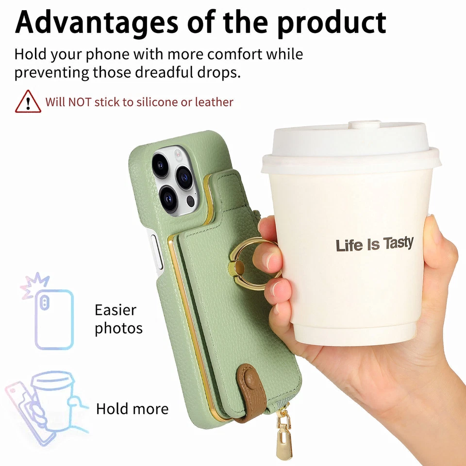 For iPhone 16 Pro Max/15/14/13/12/ Flip Back Zipper Card Wallet Case with Ring - Image 4 of 4