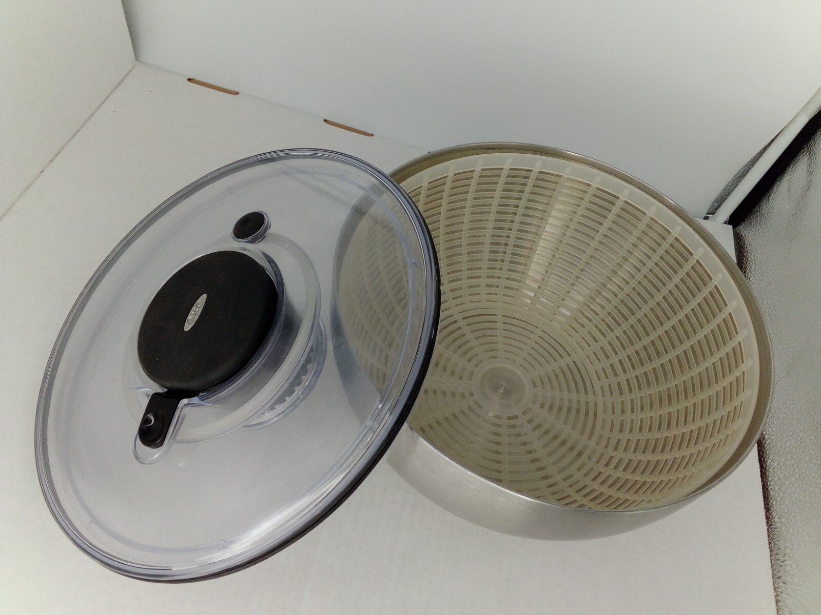 OXO Stainless Steel Salad Spinner in Silver and White Design-image